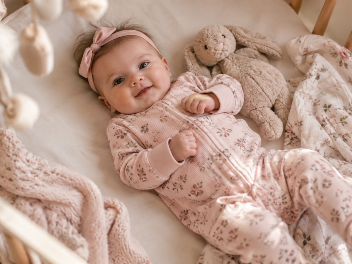 Baby meisje in een zacht roze boxpakje met bloemenprint, liggend in een knusse wieg met knuffelkonijn.